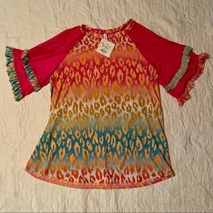 Boutique Tropical Cheetah Print Ruffle Sleeve Blouse Top